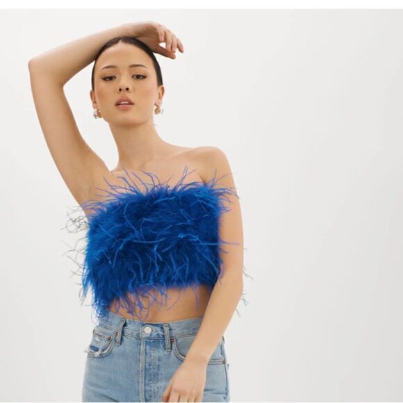 Lamarque Tops - NWT LaMarque Zaina Top maribou feather bandeau bustier cobalt blue Revolve XS